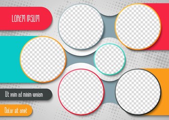 Template for photo collage or infographic in modern style. Frames for clipping masks is in the vector file. Template for a photo album with circle shapes frames - obrazy, fototapety, plakaty