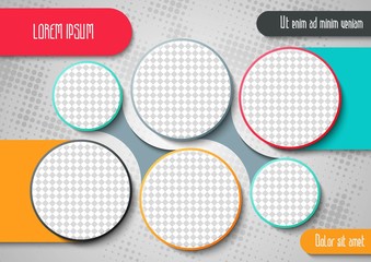 Template for photo collage or infographic in modern style. Frames for clipping masks is in the vector file. Template for a photo album with circle shapes frames