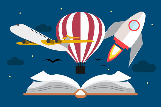 Vector of flying transport above book