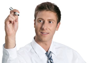 young professional writing on an invisible whiteboard