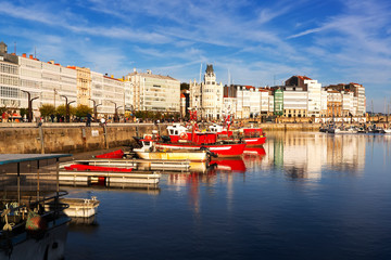 Coruña marina and fishing  port with boats and typical buidings ,  Galicia , Spain