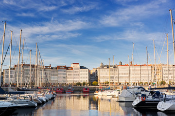 Coru&ntilde;a marina  port with boats and typical buidings ,  Galicia , Spain