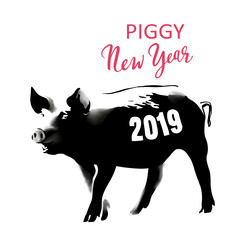 Black & White sketch of pig with 2019 number. Creative greeting card design, can be used for flyers, invitation, posters, brochure, banners, calendar. Hand drawn vector illustration