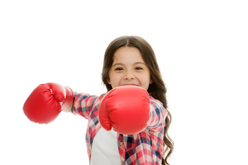 Girl boxing gloves ready to fight. Kid strong and independent girl. Feel powerful. Girls power concept. Feminist upbringing and female rights. Fight for her rights. Female rights and liberties