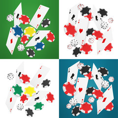 Falling realistic casino cards, chips and aces vector illustration. Online casino banners collection.