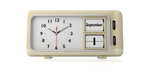 Old retro alarm clock, September 1st date, white background, isolated. 3d illustration.