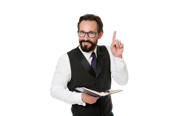 Speaker business conference isolated white. Man formal clothes hold notepad white explain business...