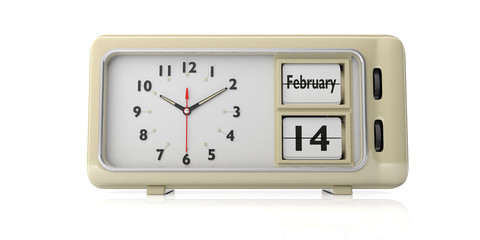 Valentine date on old retro alarm clock, white background, isolated. 3d illustration.