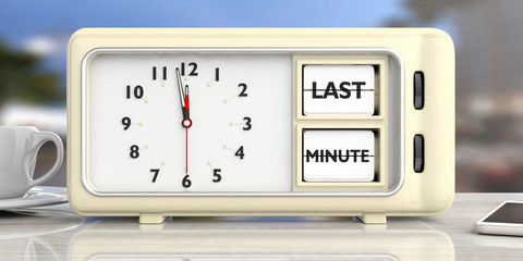 last minute message on retro alarm clock, blurry background. 3d illustration.