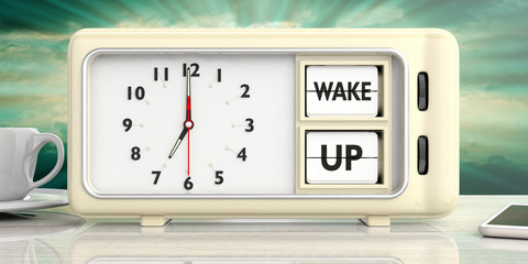 wake up message on retro alarm clock against blurry sunrise background. 3d illustration.