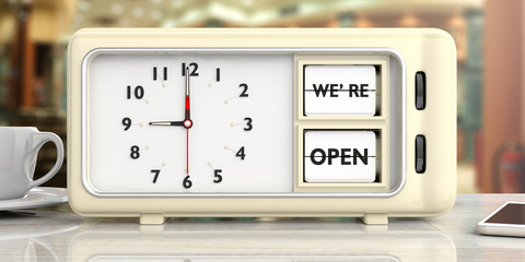 we are open text on retro alarm clock, blurry shop background. 3d illustration.