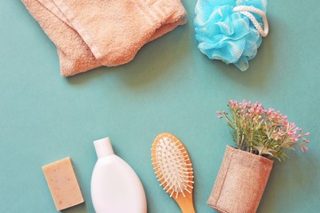 Flat lay photo cosmetics for hair and body care. Spa bath products flat lay photo. Mockup, copy space