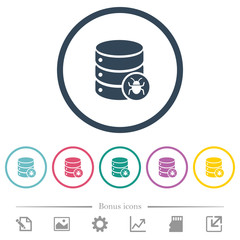 Database bug flat color icons in round outlines