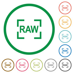 Camera raw image mode flat icons with outlines