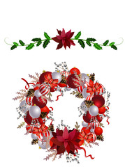 Christmas Wreath with ribbons, balls and bow isolated