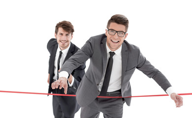 businessmen cross the finish line