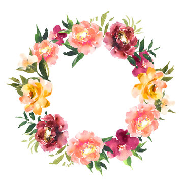 Watercolor wreath with flowers and leaves in circle. Colorful fl