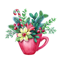 christmas red tea cup decorated with conifer twigs, flower, candy cane, watercolor illustration, floral decor, conifer twigs, bouquet inside tea cup, holiday clip art isolated on white background