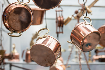 Vintage copper pots at San Telmo flea market, Buenos Aires, Argentina