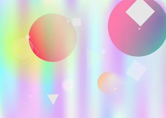 Holographic simple memphis vector background. Gradient unicorn horizontal color overlay. Minimal corporate identity geometric holograph pattern. Chaotic trendy bauhaus funky falling memphis layout.