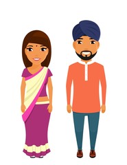Man and woman of Indian nationality. Standing next to each other. Character. In flat style on white background. Cartoon.