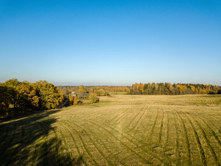 Fototapeta premium drone image. aerial view of rural area with fields and forests in autum