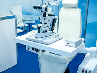 Equipment for eye examination. Ophthalmological equipment. Ophthalmoscopes. Slit lamp ophthalmic. Eye diseases. Eye check. Medical equipment. Medical research.