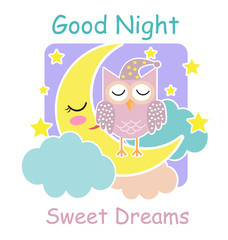Good night card with a sleeping owl, moon and a clouds. Vector illustration