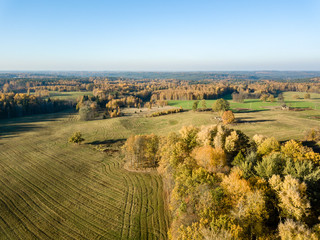 drone image. aerial view of rural area with fields and forests in autum