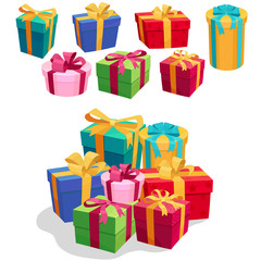 Gift Boxes set with Red Ribbon and Bow. vector