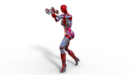 Plakat Android woman soldier, military female cyborg armed with gun standing and shooting on white background, sci-fi girl, 3D rendering