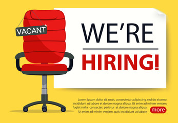 Empty Office chair with vacant sign. Employment, vacancy and hiring job. Vector
