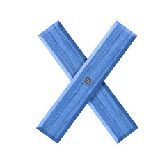 Letter X symbol in blue wood isolated on white