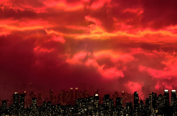 Obraz premium NIGHT VIEW SILHOUETTE OF NEW YORK / MANHATTAN WITH SCARY FIRE RED SKY