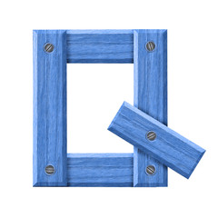 Letter Q symbol in blue wood isolated on white