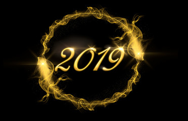 Naklejka premium New Year 2019. Golden tail with gold particles and smoke. Circle frame with space for text. Sparkling golden frame on black background. Bright glittering star dust. Christmas border.
