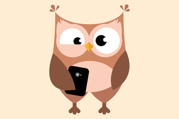 Cute owl with smartphone