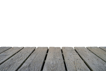 ISOLATED EMPTY WOODEN DECK ON WHITE BACKGROUND (FOR PRODUCT DISPLAY MONTAGE).