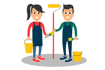 Cheerful workpeople with painting tools