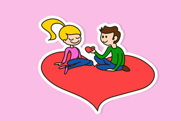 Happy and in love. Doodle lovers a boy and a girl sitting at the love shaped sofa he is giving his red heart to her and she smiles. Vector illustration