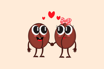 Coffee love. Coffee beans man and woman, boy and girl holding hands red hearts between them isolated on light brown background. Saint valentine's day concept, template for greeting card.
