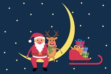 Santa claus and deer sitting on new moon in a starry night sky. Christmas greeting card flat vector illustration
