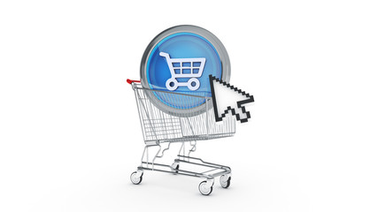 E-commerce glossy icon with shopping cart. 3d Rendering