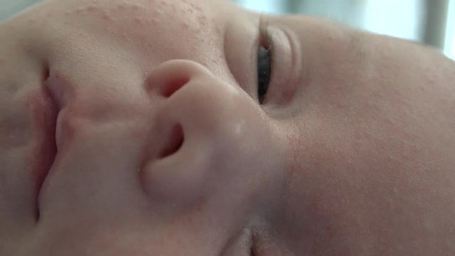 A close up of a sleepy, relaxed newborn baby's face.  Shot in high speed photography.