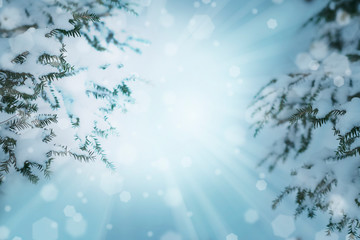 CHRISTMAS BACKGROUND WITH SNOW AND BOKEH LIGHT