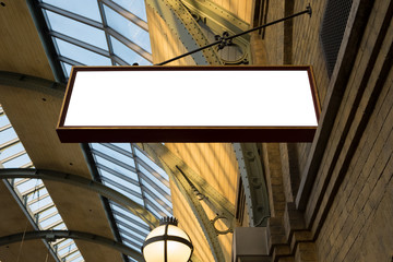 BLANK HANGING RECTANGULAR SIGN OF STREET STORE ON BRICK WALL / FOR ADD TEXT OR LOGO