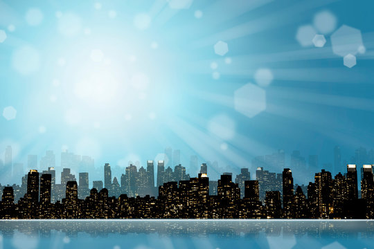 Fototapeta NIGHT VIEW SILHOUETTE OF NEW YORK / MANHATTAN WITH NICE HEXAGON BOKEH IN BLUE SKY