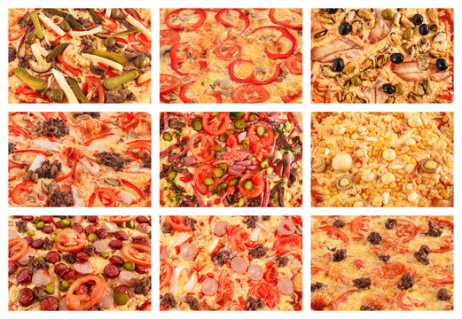 Big set of the best Italian pizzas close-up, selective focus, macro
