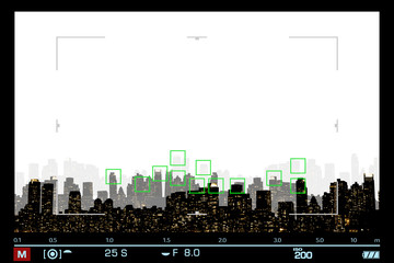 Obraz premium VIEWFINDER SHOWS NIGHT VIEW SILHOUETTE OF NEW YORK / MANHATTAN WITH FOCUS ON SKYSCRAPERS / SPACE FOR TEXT IN THE SKY