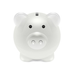 Vector Realistic 3d White Retro Piggy Bank Closeup Isolated on White Background. Design Template of Money Pig for Graphics, Banners. Money, Financial, Savings, New Year 2019 Concept. Front View